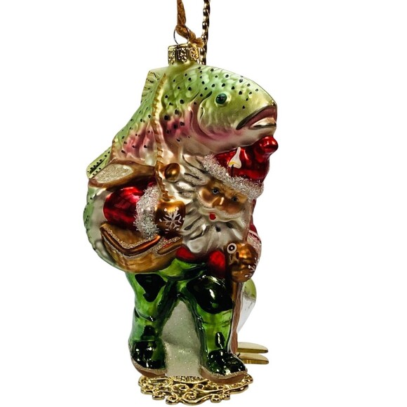 Santa Christmas Ornament carrying a Fish and Bait Metal 6in - Picture 6 of 7